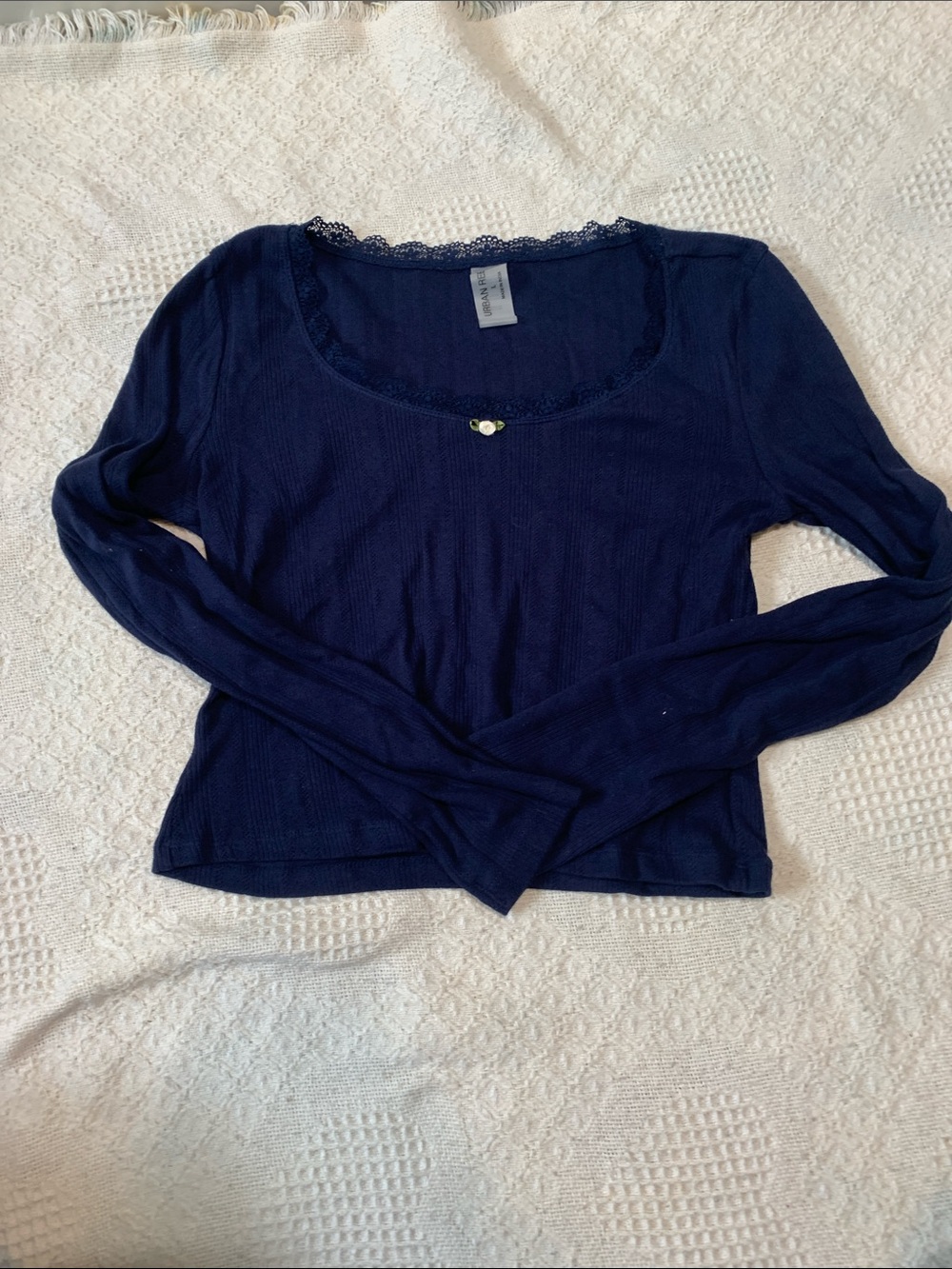 Navy Lace-Trim Long Sleeve Scoop Neck Top